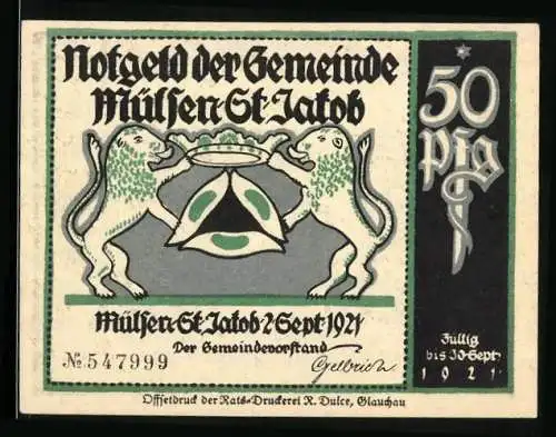 Notgeld Mülsen-St.-Jacob 1921, 50 Pfennig, Stadtwappen, Mann wurde angespuckt
