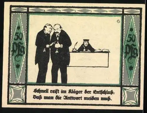 Notgeld Mülsen-St.-Jacob 1921, 50 Pfennig, Stadtwappen, Kläger berät sich