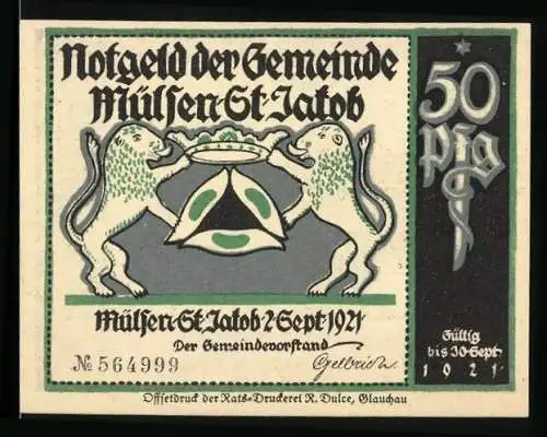 Notgeld Mülsen-St.-Jacob 1921, 50 Pfennig, Stadtwappen, Kläge lässt Klage fallen