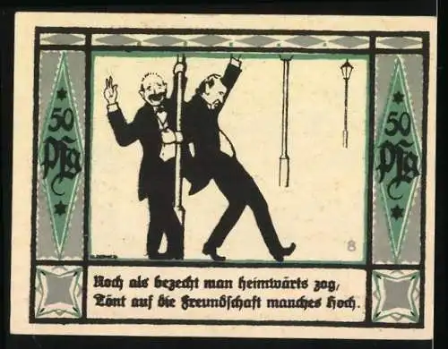 Notgeld Mülsen-St.-Jacob 1921, 50 Pfennig, Stadtwappen, Betrunkene auf dem Heimweg