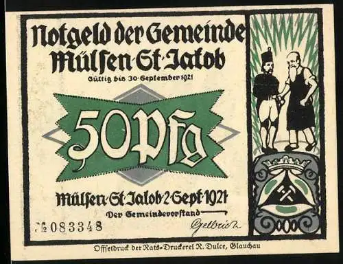 Notgeld Mülsen-St.-Jacob 1921, 50 Pfennig, Stadtwappen, Freunde beim Trinken