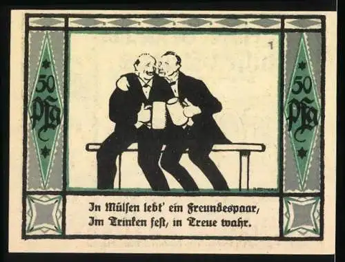 Notgeld Mülsen-St.-Jacob 1921, 50 Pfennig, Stadtwappen, Freunde beim Trinken