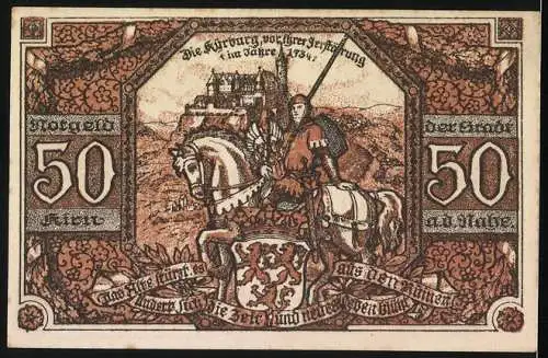 Notgeld Kirn a. d. Nahe 1920, 50 Pfennig, Wappen, Ortsansicht u. Ritter