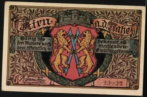 Notgeld Kirn a. d. Nahe 1920, 50 Pfennig, Wappen u. Burg