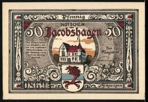 Notgeld Jacobshagen 1920, 50 Pfennig, Stadtwappen u. Kirche mit Putten