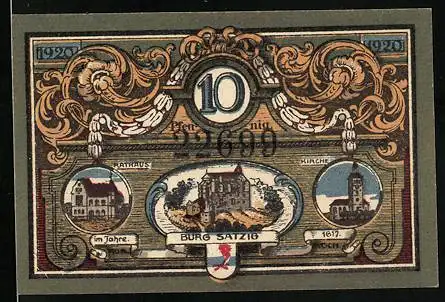 Notgeld Jacobshagen 1920, 10 Pfennig, Burg Satzig, Kirche u. Rathaus