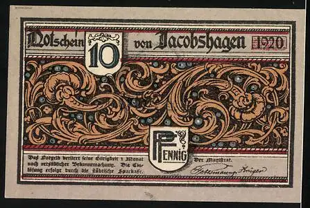 Notgeld Jacobshagen 1920, 10 Pfennig, Burg Satzig, Kirche u. Rathaus