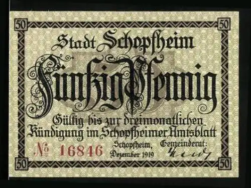 Notgeld Schopfheim 1919, 50 Pfennig, Frau in Tracht mit Stadtwappen
