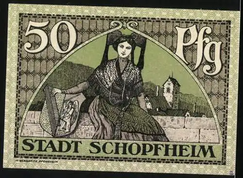 Notgeld Schopfheim 1919, 50 Pfennig, Frau in Tracht mit Stadtwappen