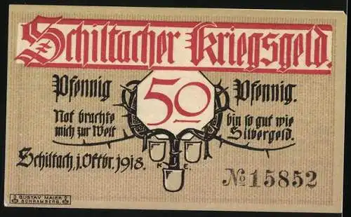 Notgeld Schiltach i. Baden 1918, 50 Pfennig, Wappen u. Signatur