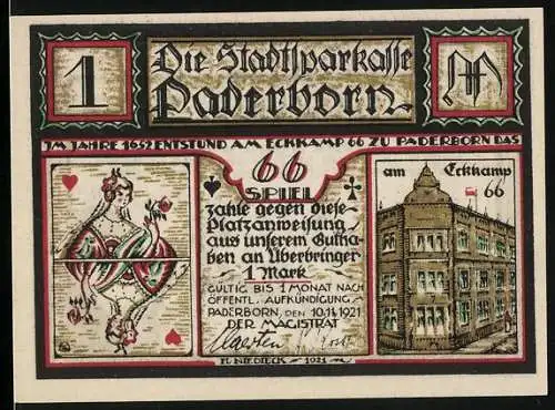 Notgeld Paderborn 1921, 1 Mark, Vier Männer bei Ernestus Fröhlich im Haus am Eckkamp 66 beim Kartenspiel