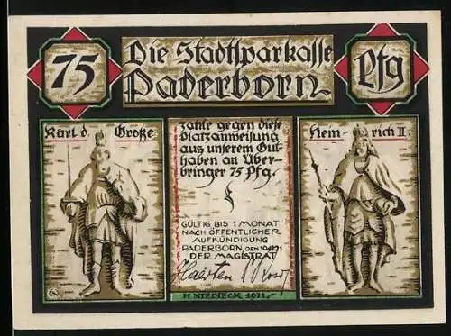 Notgeld Paderborn 1921, 75 Pfennig, Krönung der Kaiserin Kunigunde 1002, Karl der Grosse, Heinrich II.