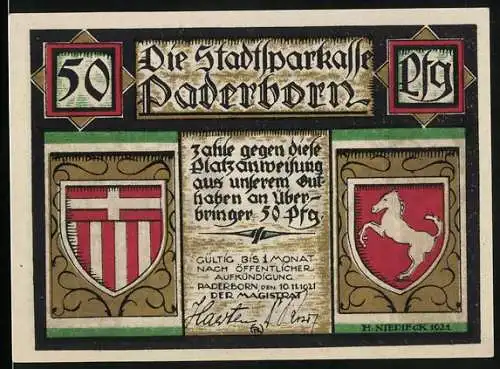 Notgeld Paderborn 1921, 50 Pfennig, Empfang des Papstes Leo III. durch Kaiser Karl d. Gr. 799, Wappen
