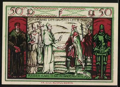 Notgeld Paderborn 1921, 50 Pfennig, Empfang des Papstes Leo III. durch Kaiser Karl d. Gr. 799, Wappen