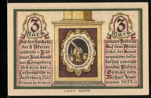 Notgeld Insterburg, 3 Mark, Bildnis auf dem Sockel von einem der 8 Pfeiler in der Lutherkirche