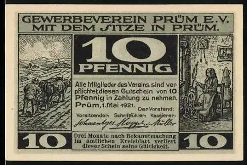 Notgeld Prüm 1921, 10 Pfennig, Bauer mit Pflug, Frau am Spinnrad