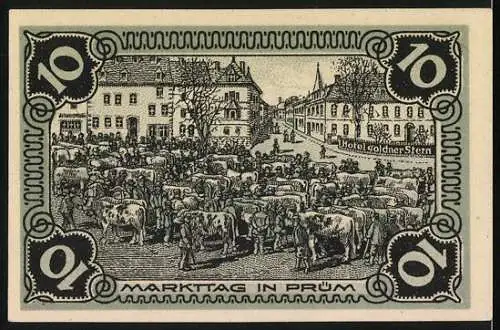 Notgeld Prüm 1921, 10 Pfennig, Bauer mit Pflug, Frau am Spinnrad