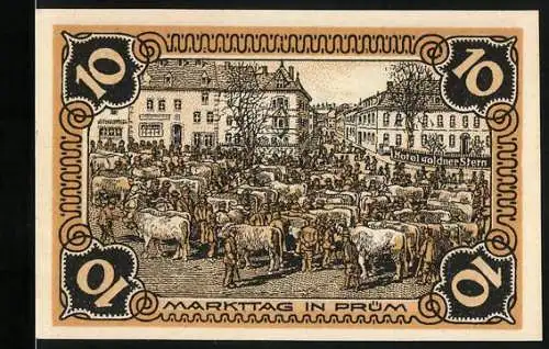 Notgeld Prüm 1921, 10 Pfennig, Markttag vor dem Hotel goldener Stern