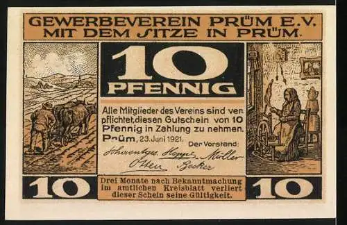 Notgeld Prüm 1921, 10 Pfennig, Markttag vor dem Hotel goldener Stern