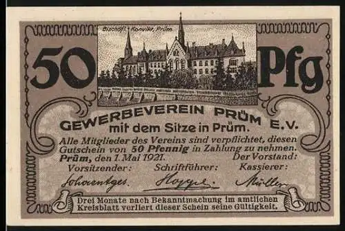 Notgeld Prüm 1921, 50 Pfennig, Bischöfliches Konvikt