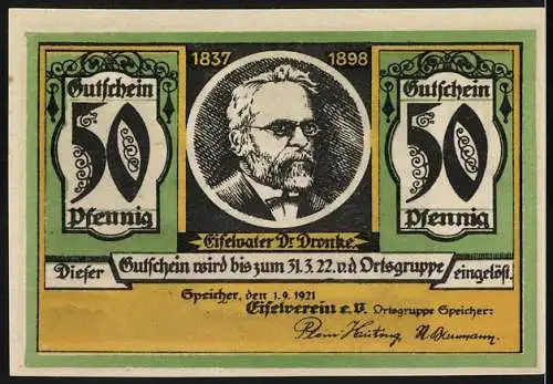 Notgeld Speicher 1921, 50 Pfennig, Landschaft mit Kirche, Eifelvater Dr. Dronke