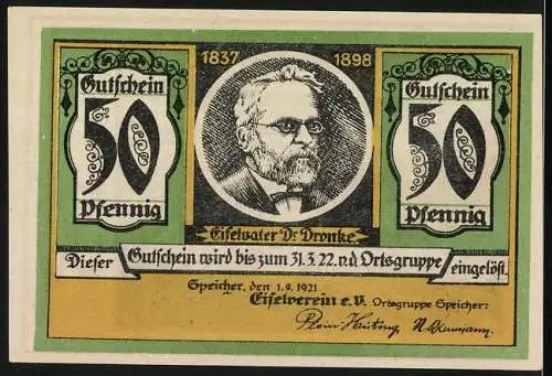 Notgeld Speicher 1921, 50 Pfennig, Neuerburg mit Kirche, Eifelvater Dr. Dronke