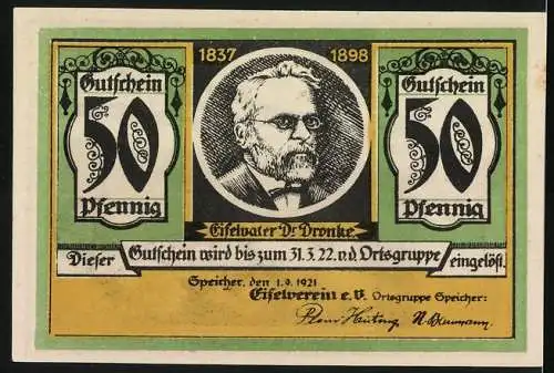 Notgeld Speicher 1921, 50 Pfennig, Bollendorf mit Kirche, Eifelvater Dr. Dronke