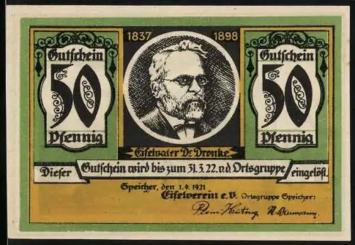 Notgeld Speicher 1921, 50 Pfennig, Manderscheid mit Ruine, Eifelvater Dr. Dronke