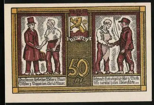 Notgeld Katscher /O.-S. 1921, 50 Pfennig, Kaufmann Urbelter, Weber und Bauer wählten zum Wappen den Löw` a. d. Mauer