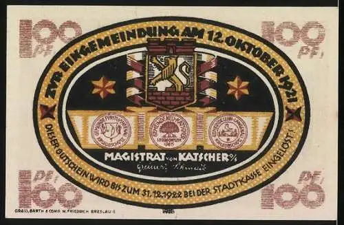 Notgeld Katscher /O.-S. 1921, 100 Pfennig, Bauer mit Pferdepflug, Wappen