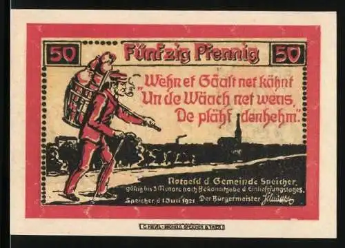 Notgeld Speicher 1921, 50 Pfennig, Händler mit Krügen