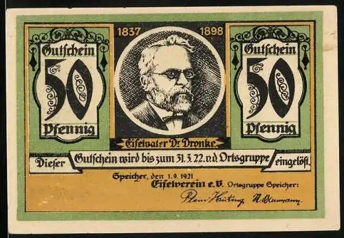 Notgeld Speicher 1921, 50 Pfennig, Landschaft mit Kirche, Eifelvater Dr. Dronke