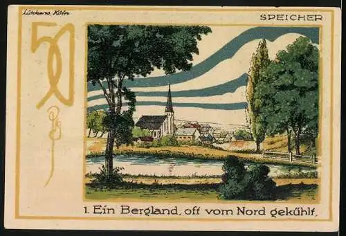 Notgeld Speicher 1921, 50 Pfennig, Landschaft mit Kirche, Eifelvater Dr. Dronke