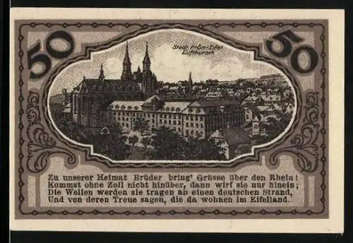 Notgeld Prüm 1921, 50 Pfennig, Teilansicht mit Kloster