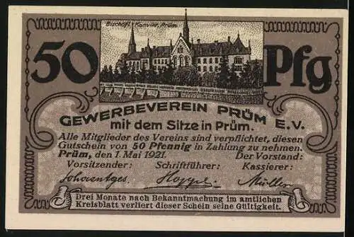 Notgeld Prüm 1921, 50 Pfennig, Teilansicht mit Kloster