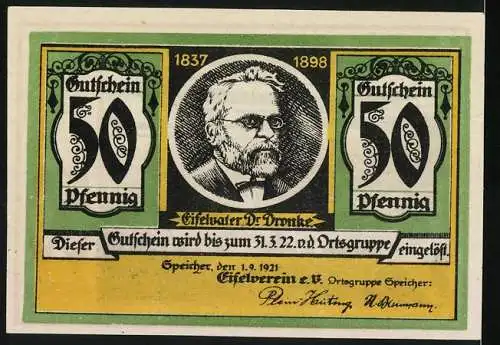 Notgeld Speicher 1921, 50 Pfennig, Neuerburg mit Kirche, Eifelvater Dr. Dronke