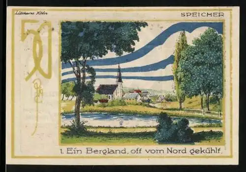 Notgeld Speicher 1921, 50 Pfennig, Landschaft mit Kirche, Eifelvater Dr. Dronke