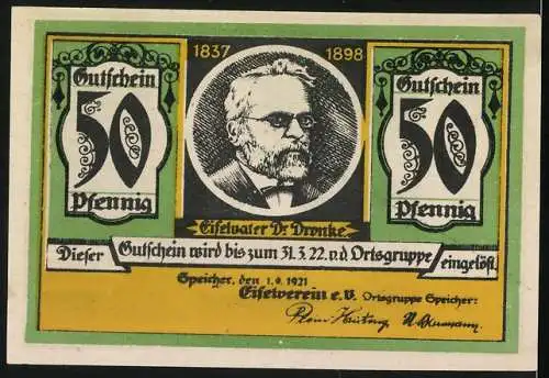 Notgeld Speicher 1921, 50 Pfennig, Landschaft mit Kirche, Eifelvater Dr. Dronke