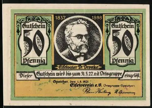 Notgeld Speicher 1921, 50 Pfennig, Neuerburg mit Kirche, Eifelvater Dr. Dronke