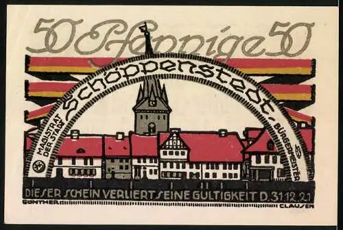 Notgeld Schöppenstedt 1921, 50 Pfennig, Strassenpartie mit Rathaus