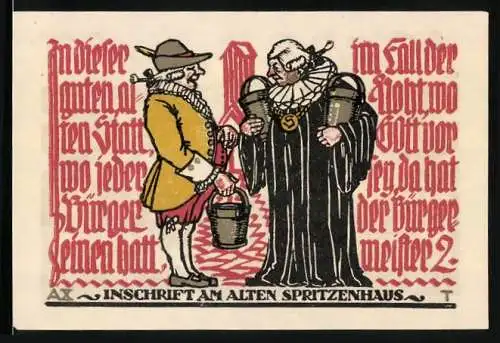 Notgeld Schöppenstedt 1921, 50 Pfennig, Ratsherren mit Eimern, Inschrift am alten Spritzenhaus