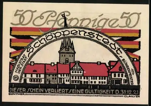 Notgeld Schöppenstedt 1921, 50 Pfennig, Ortspartie und Ratsherren vor einem Haus
