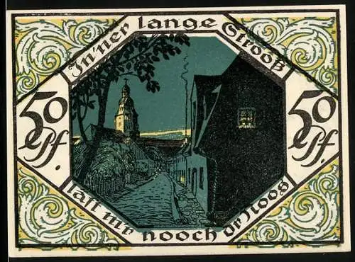 Notgeld Scheibenberg 1921, 50 Pfennig, Strassenpartie mit Kirche bei Nacht