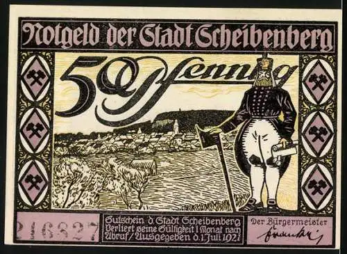 Notgeld Scheibenberg 1921, 50 Pfennig, Strassenpartie mit Kirche bei Nacht