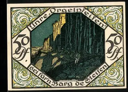 Notgeld Scheibenberg 1921, 50 Pfennig, Orgelpfeifen bei Nacht