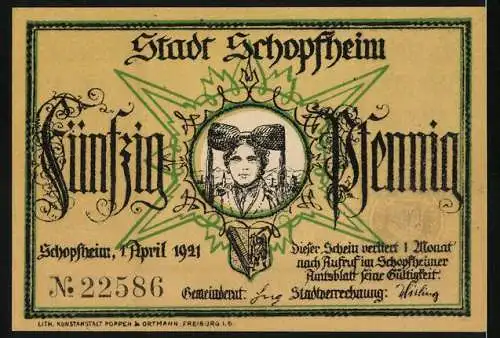 Notgeld Schopfheim 1921, 50 Pfennig, Hans und Verene