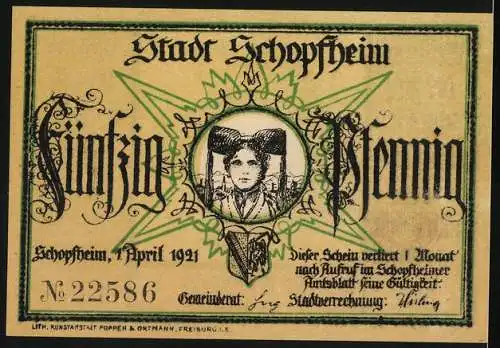 Notgeld Schopfheim 1921, 50 Pfennig, Joh. Peter Hebel