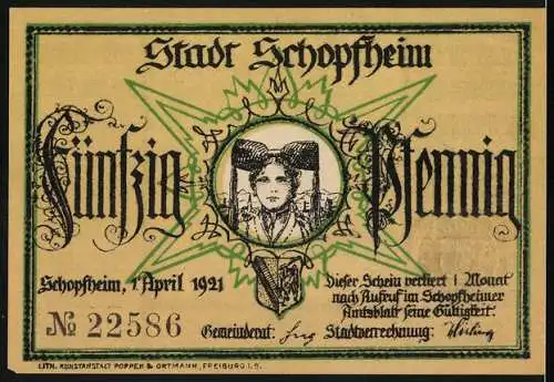 Notgeld Schopfheim 1921, 50 Pfennig, Die Häfnet-Jungfrau