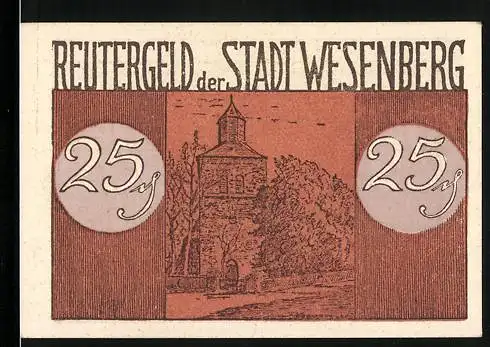 Notgeld Wesenberg 1922, 25 Pfennig, Ortspartie mit Turm