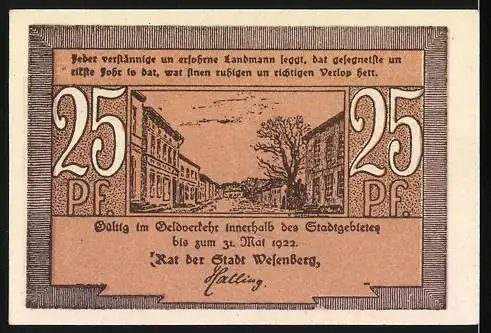 Notgeld Wesenberg 1922, 25 Pfennig, Ortspartie mit Turm